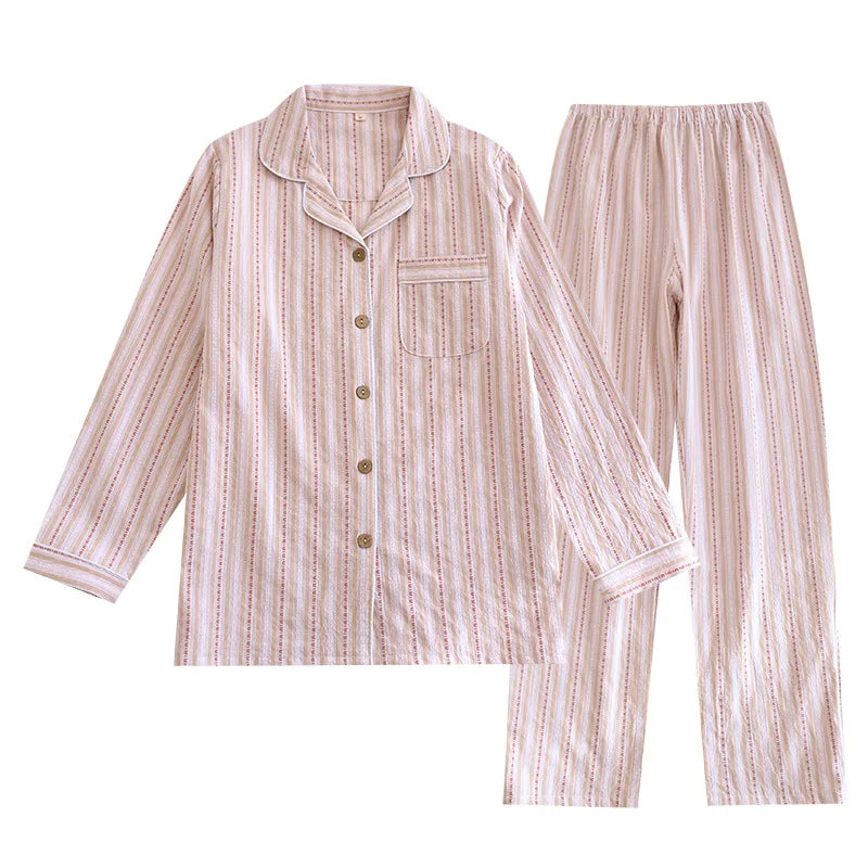 2025 New Spring/Summer Couple Set 100% Cotton Striped Long Sleeve Two Piece Set Men's and Women's Cardigan Home Clothes