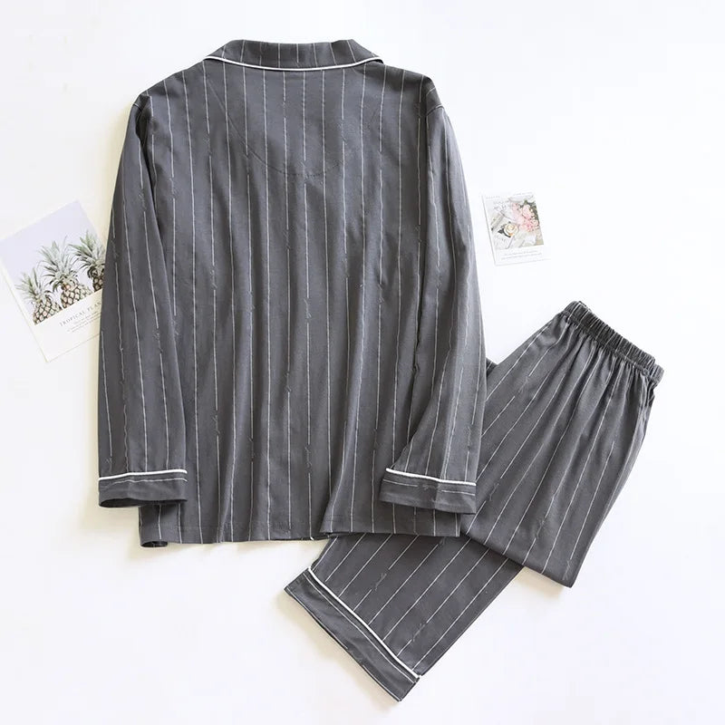 Spring and autumn new men's pajamas long-sleeved trousers suit 100% cotton knitted striped plus size home clothes two-piece set