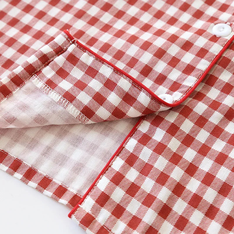 2025 Spring/Summer Couple Pajama Set 100% Cotton Double Layer Gauze Men's and Women's Japanese Plaid Set Long sleeved Home Fury