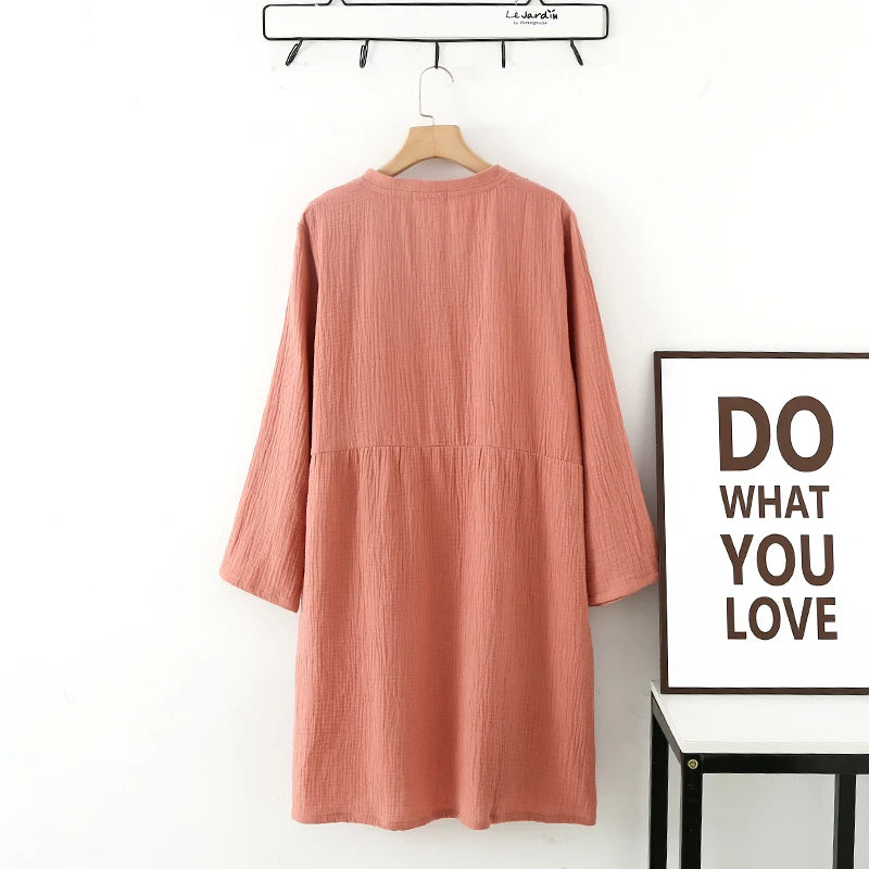 Spring and Autumn Women's Long Sleeve Nightdress 100%Cotton Crepe Round Neck Button Solid Color Dress Home Dress Nightgown Dress