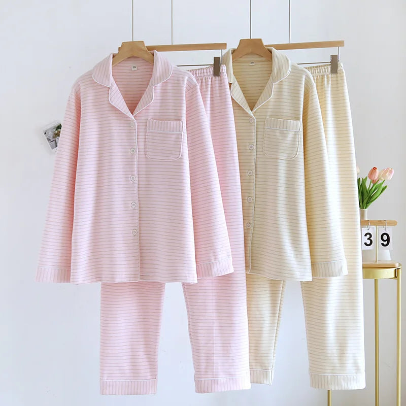 2025 Autumn/Winter New Women's Pajama Set Long Sleeve Long Pants Two Piece Set Striped German Velvet Warm Thick Home Clothes