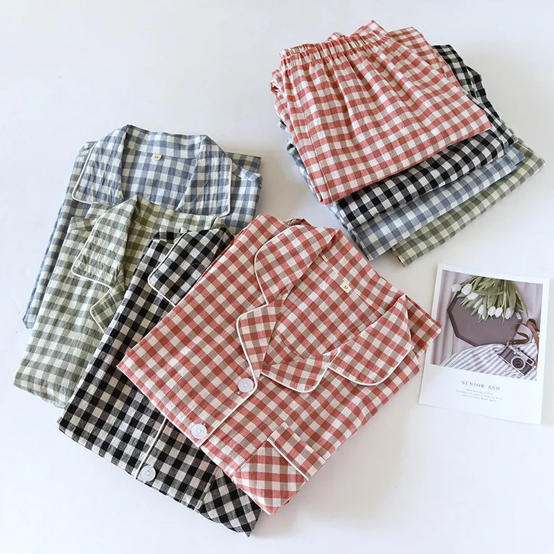 2025 New Japanese Spring and Autumn Couple Pajama Set 100% Cotton Men's and Women's Plaid Long Sleeve Two Piece Home Furnishing