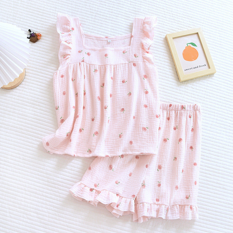 Pure desire for ins in summer, flounce shorts, cotton suspenders, pajamas, women's summer home clothes, two-piece suit, summer