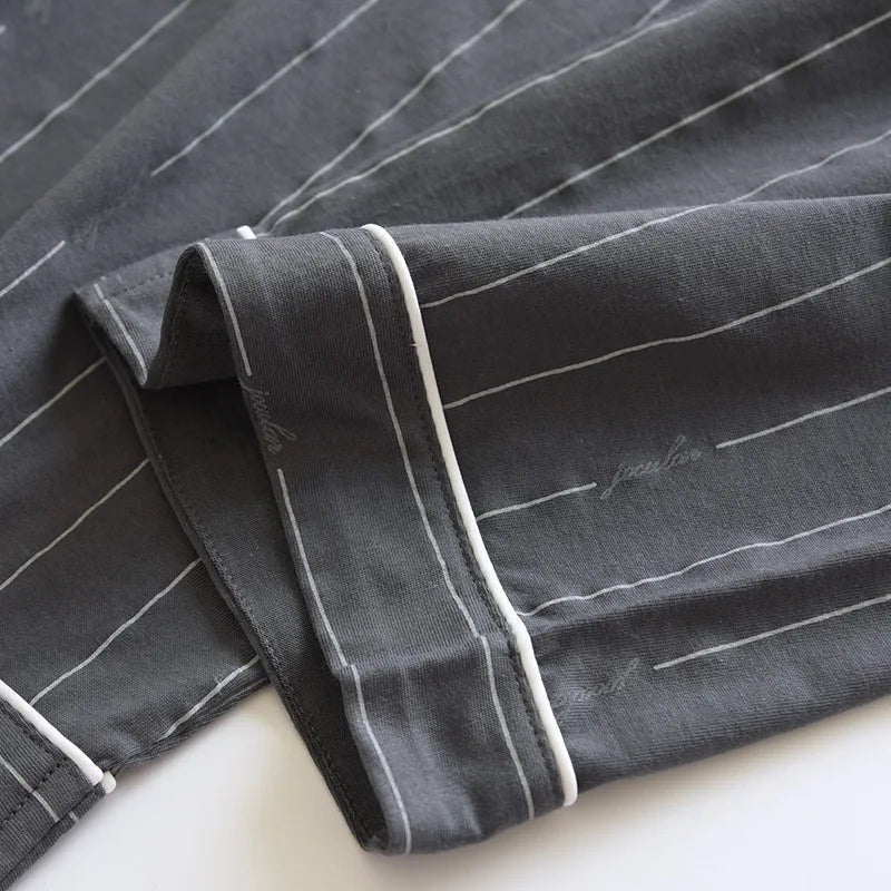 Spring and autumn new men's pajamas long-sleeved trousers suit 100% cotton knitted striped plus size home clothes two-piece set