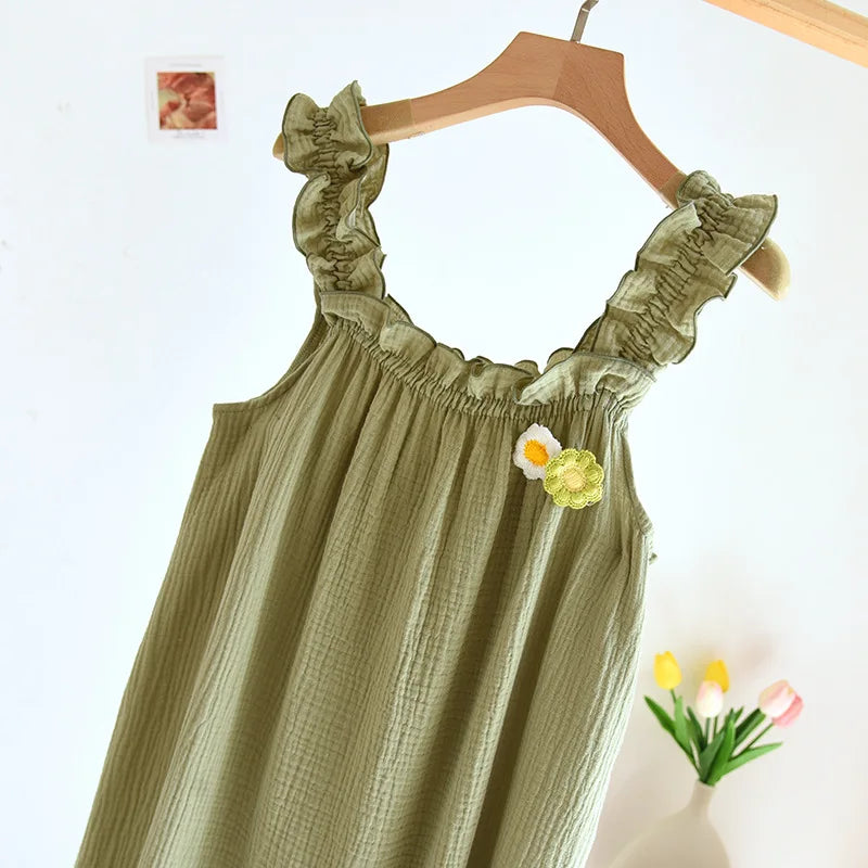 2025 summer new women's suspender nightdress 100% cotton crepe thin style solid color floral vest skirt home skirt sleepwear