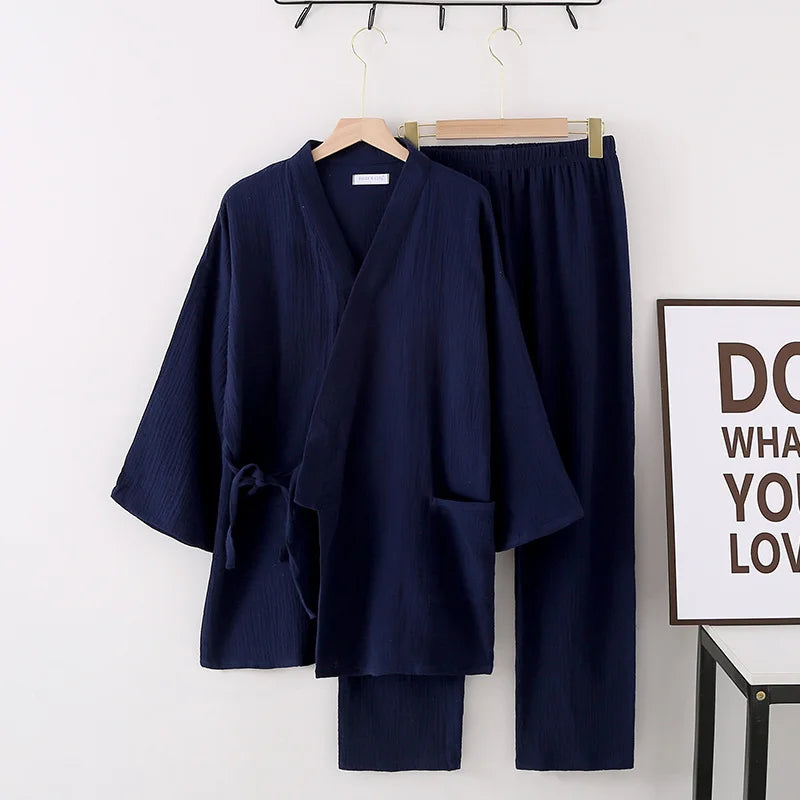 Japanese kimono suit lovers 100% cotton crepe pajamas long sleeved trousers two-piece kimono suit for men and women sleepwear