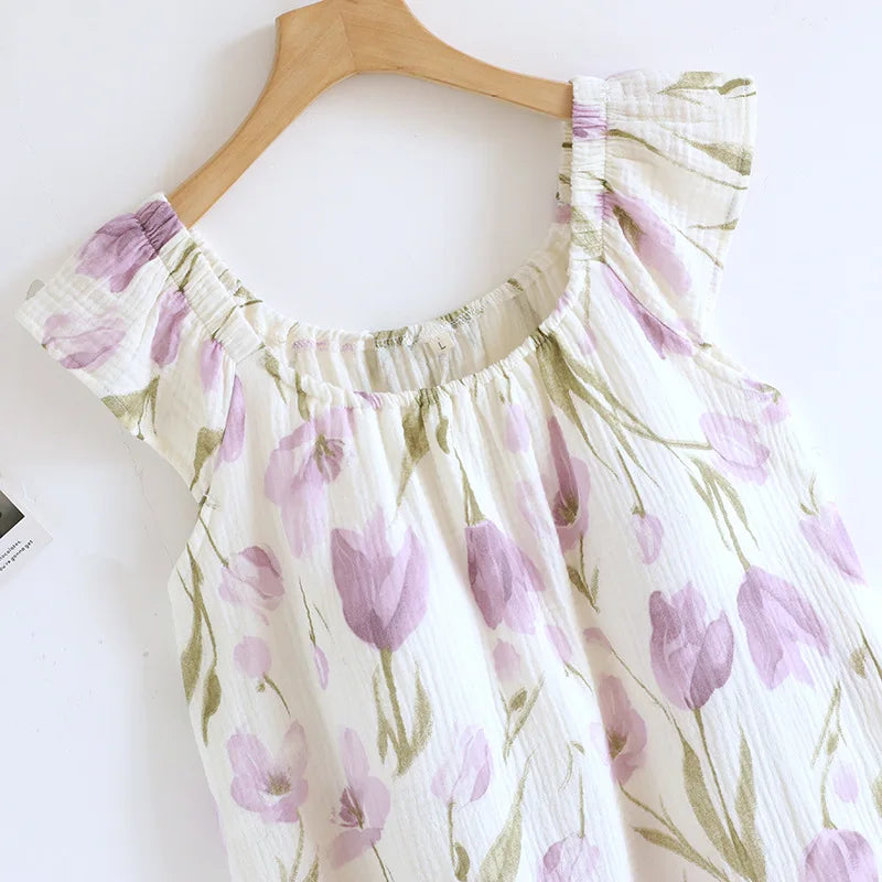 2025 New Summer Women's Sleeping Skirt 100% Cotton Crepe Cloth with Chest Cushion Tank Top Skirt Loose Thin Large Home Clothing
