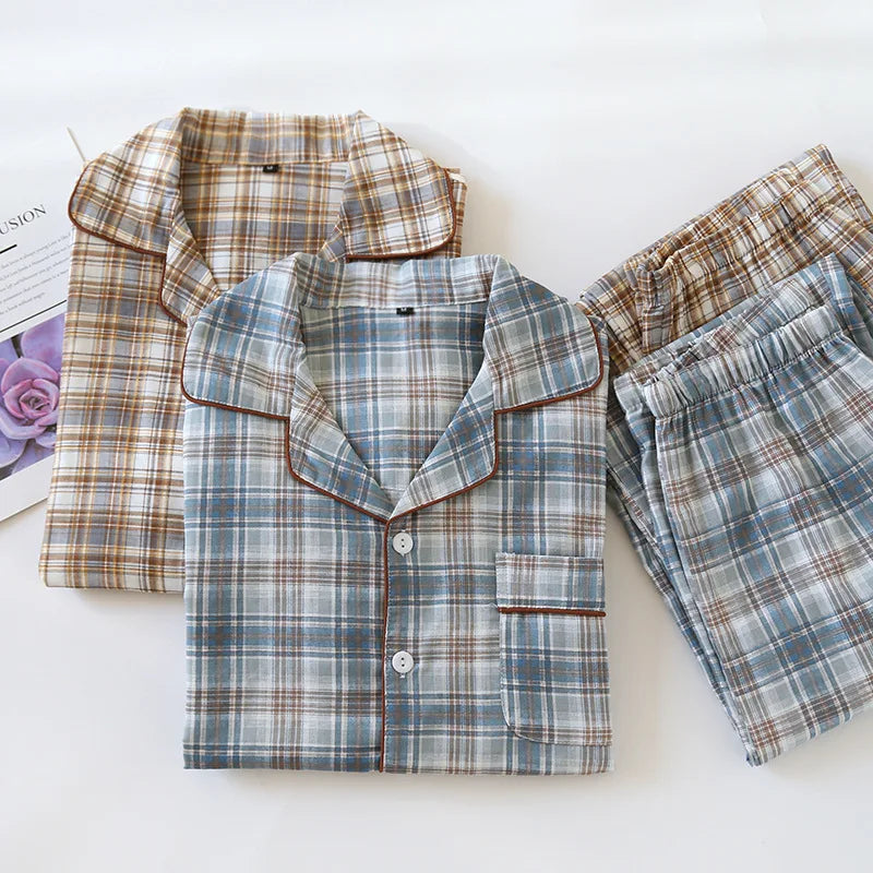 2025 Japanese New Men's Pajama Set Spring/Summer Checkered Simple Long sleeved Two Piece Set 100%Cotton Cardigan Home Furnishing