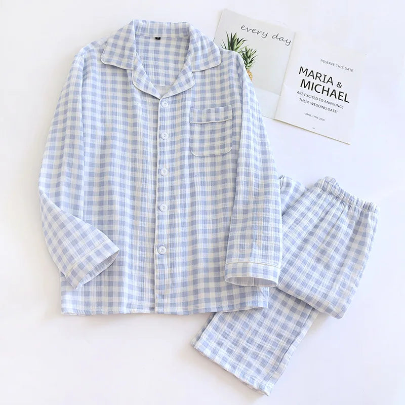 2025 New Spring Couple's Pajama Set 100% Cotton Long Sleeve Long Pants Two Piece Set Checkered Men's and Women's Home Clothes