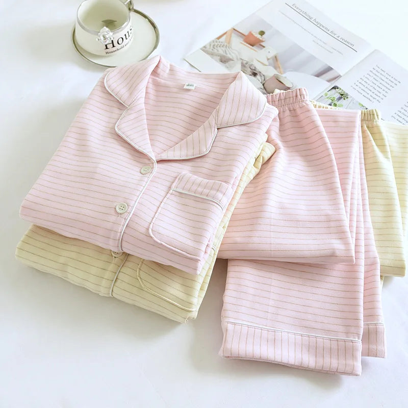 2025 Autumn/Winter New Women's Pajama Set Long Sleeve Long Pants Two Piece Set Striped German Velvet Warm Thick Home Clothes