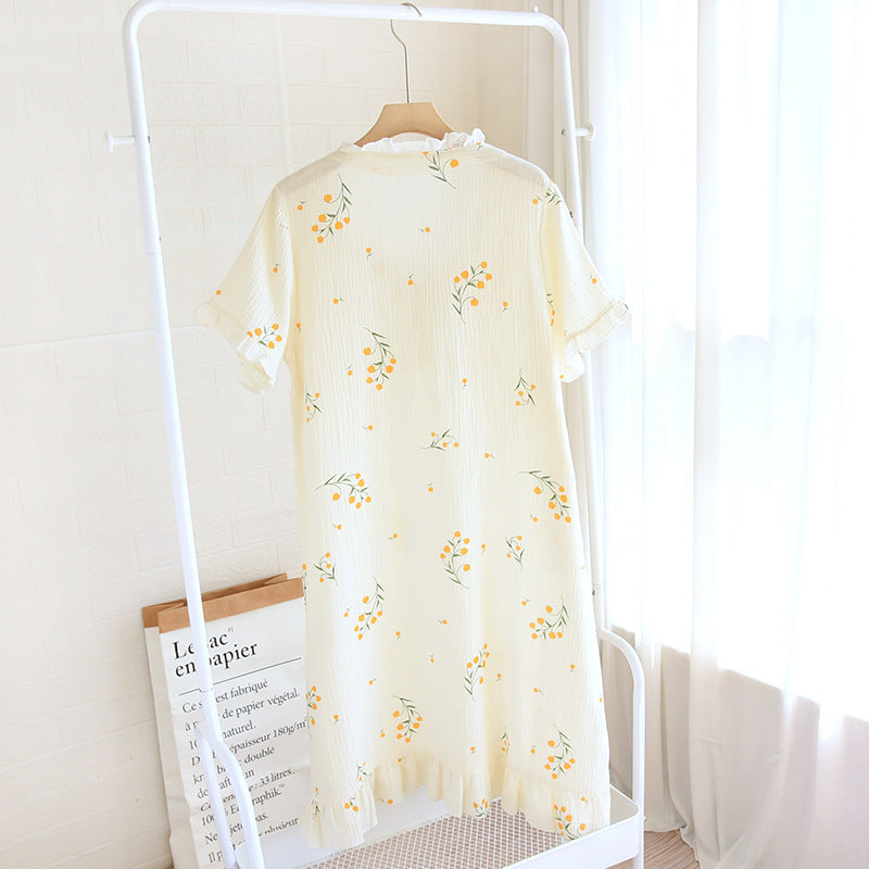 Summer new ladies nightdress 100% cotton crepe skirt thin short sleeve Japanese sweet and cute cardigan skirt home skirt women