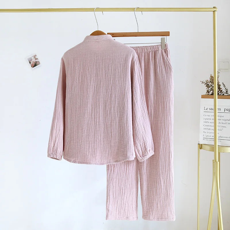 2025 Spring and Autumn New Couple Pajama Set 100% Pure Cotton Crepe Cloth Men's and Women's Stand up Neck Simple Home Clothing