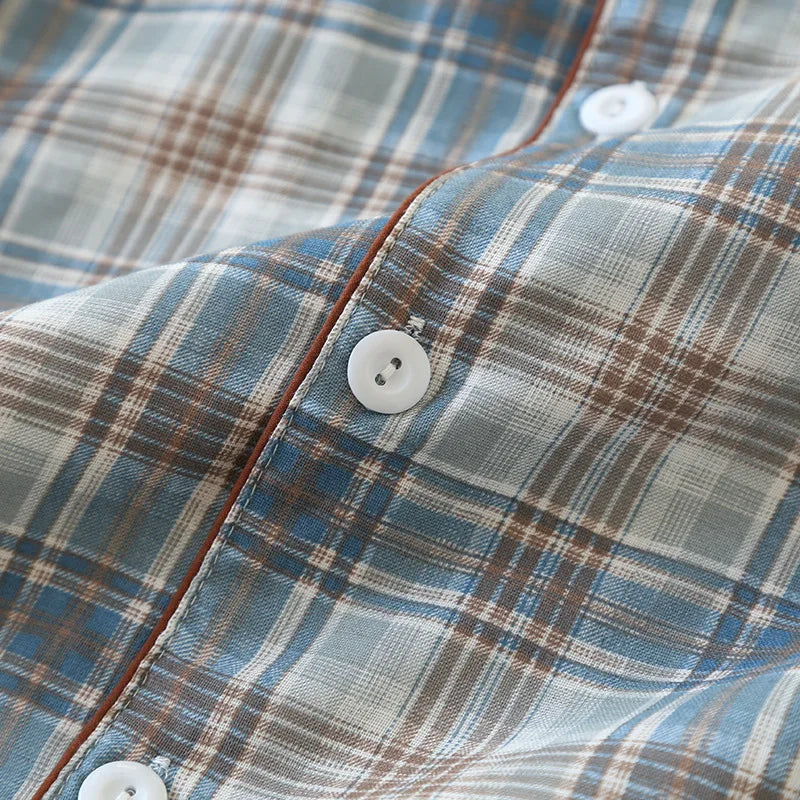 2025 Japanese New Men's Pajama Set Spring/Summer Checkered Simple Long sleeved Two Piece Set 100%Cotton Cardigan Home Furnishing