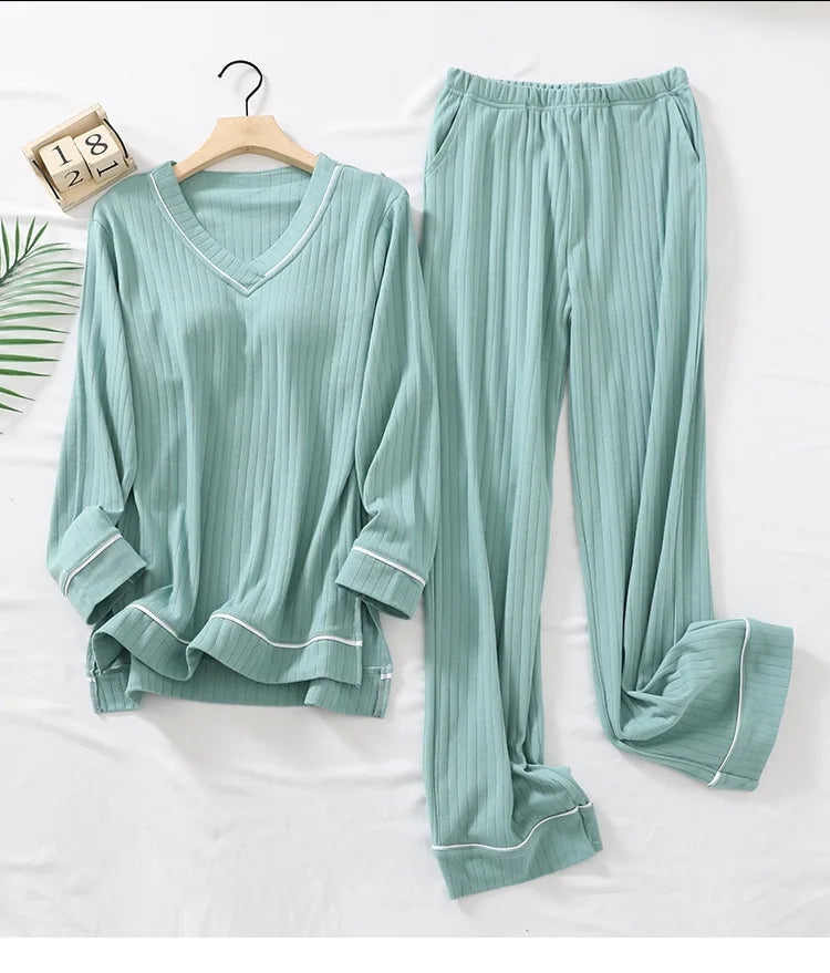 New Spring and Autumn Women's Pajamas Set V-Neck Cotton Thread Knitted Long Sleeve Pants Solid casual two-piece home clothes