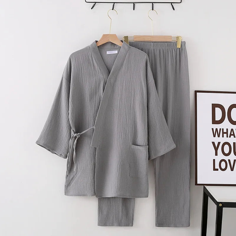 Japanese kimono suit lovers 100% cotton crepe pajamas long sleeved trousers two-piece kimono suit for men and women sleepwear