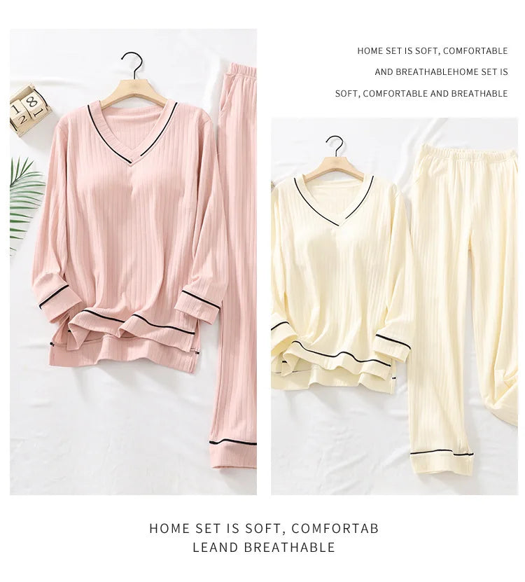 New Spring and Autumn Women's Pajamas Set V-Neck Cotton Thread Knitted Long Sleeve Pants Solid casual two-piece home clothes