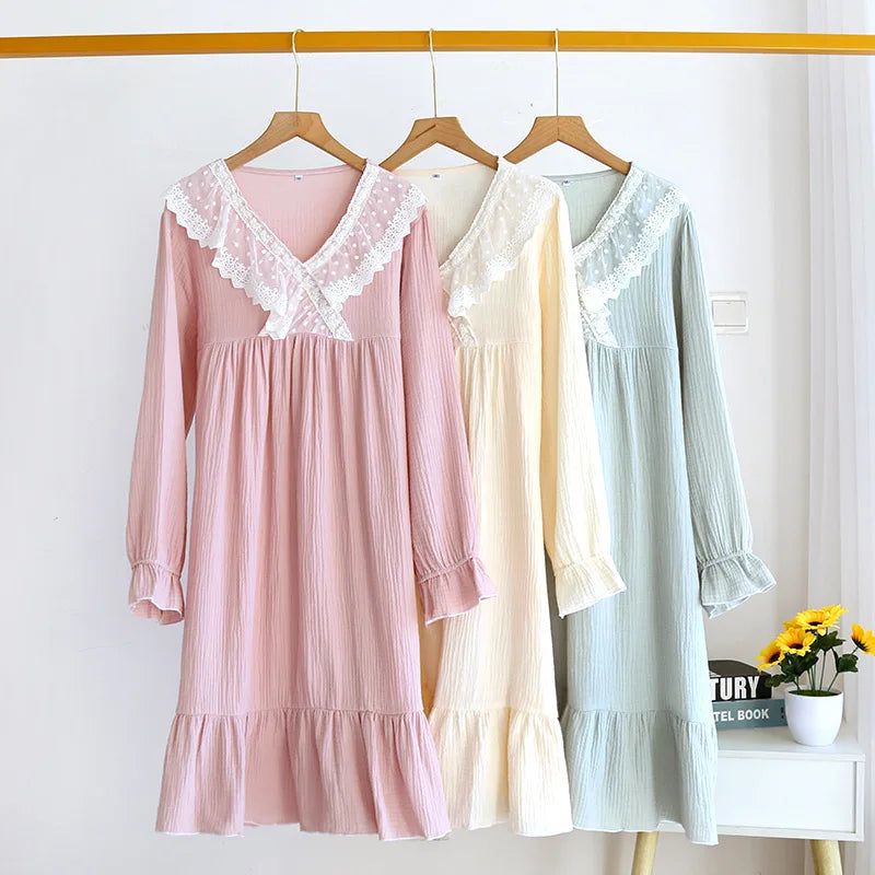 Japanese new spring and summer ladies nightdress 100% cotton crepe long skirt sweet princess long sleeve skirt plus size women
