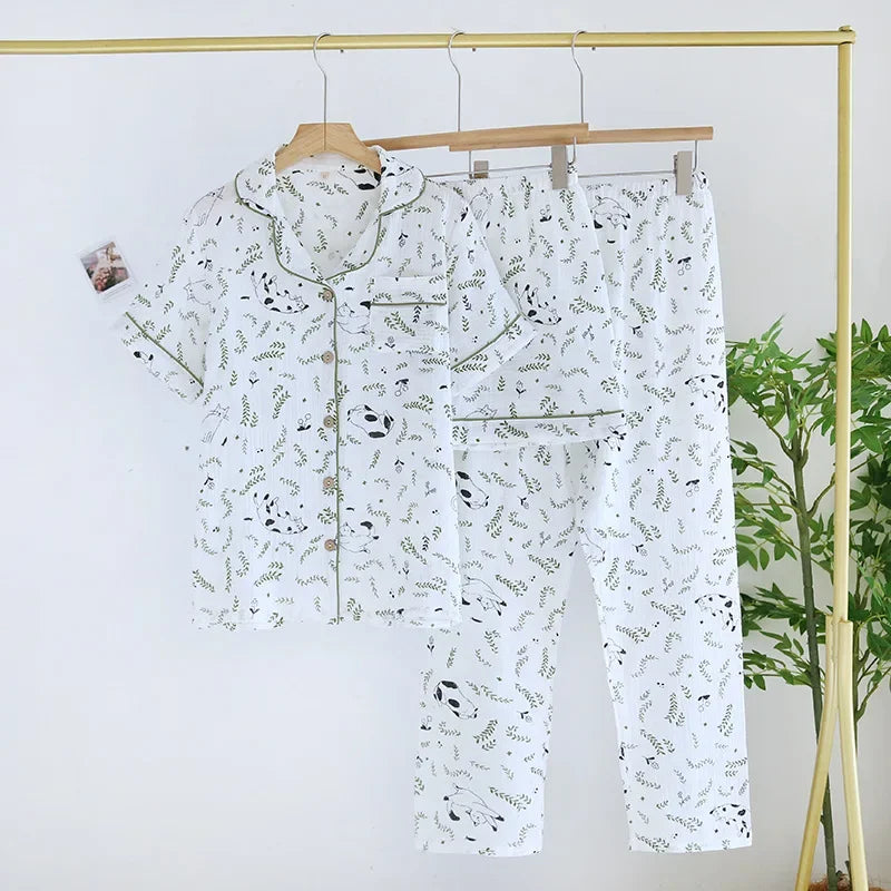 2025 Spring/Summer New Women's Pajamas Three Piece Set 100% Pure Cotton Crepe Thin Short Sleeves+Shorts+Long Pants Home Fury