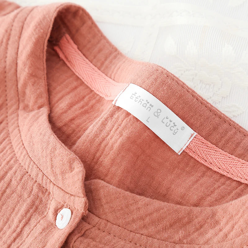 Spring and Autumn Women's Long Sleeve Nightdress 100%Cotton Crepe Round Neck Button Solid Color Dress Home Dress Nightgown Dress