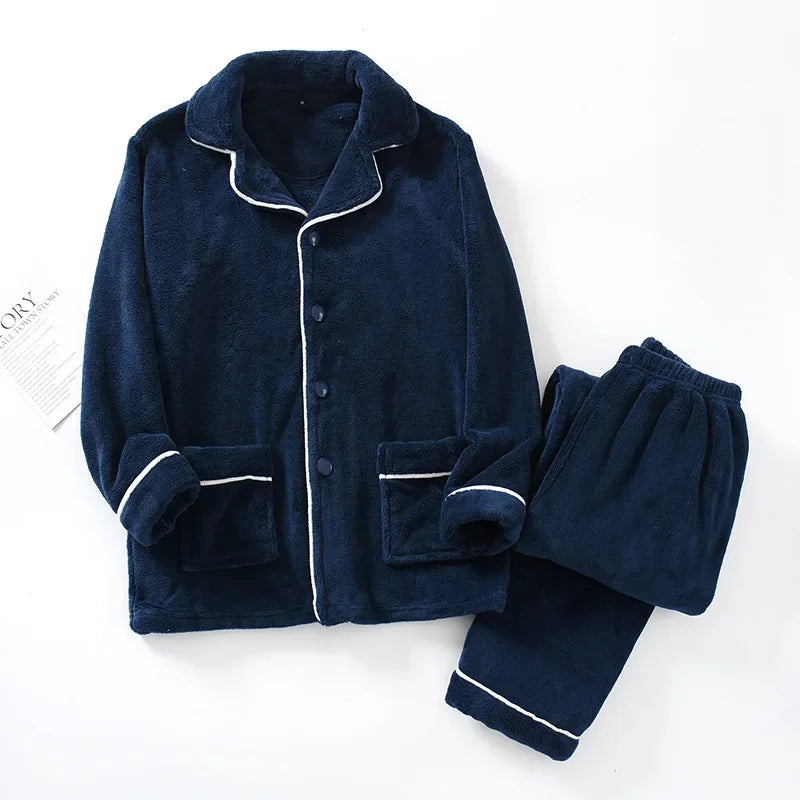 Autumn And Winter New Men's Pajamas Long-sleeved Trousers Two-piece Flannel Thickened Warm Home Service Set Plaid Large Size Men
