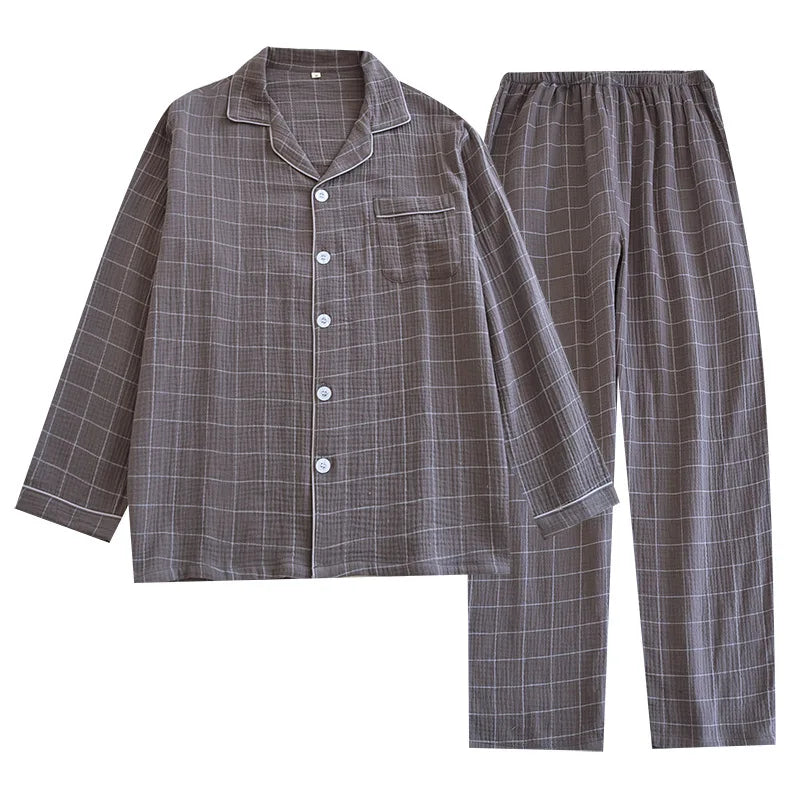 2025 Spring and Autumn New Men's Pajama Set 100%Cotton Crepe Plaid Long sleeved Pants Two Piece Set Cardigan Large Size Homewear