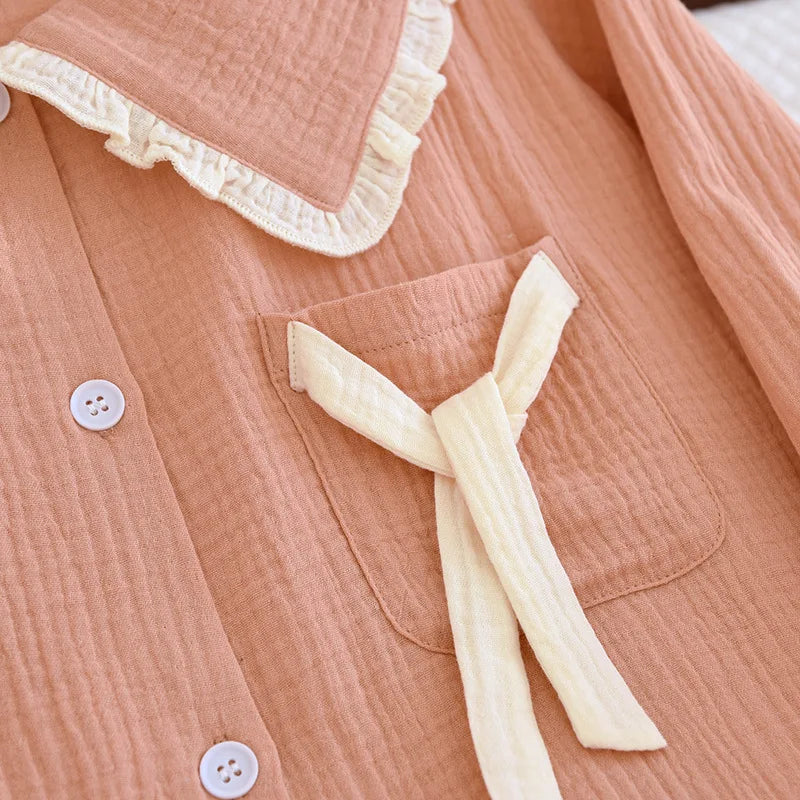 2025 new women's pajama suit 100% cotton crepe sweet lovely long-sleeved trousers two-piece home wear thin sleepwear women
