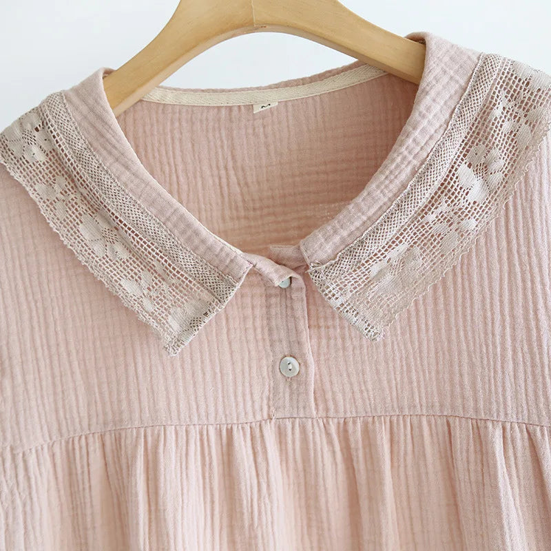 2025 New Japanese Women's Summer Pajama Set 100% Cotton Crepe Short Sleeve Shorts Two Piece Lace Neck Breathable Home Suit Set