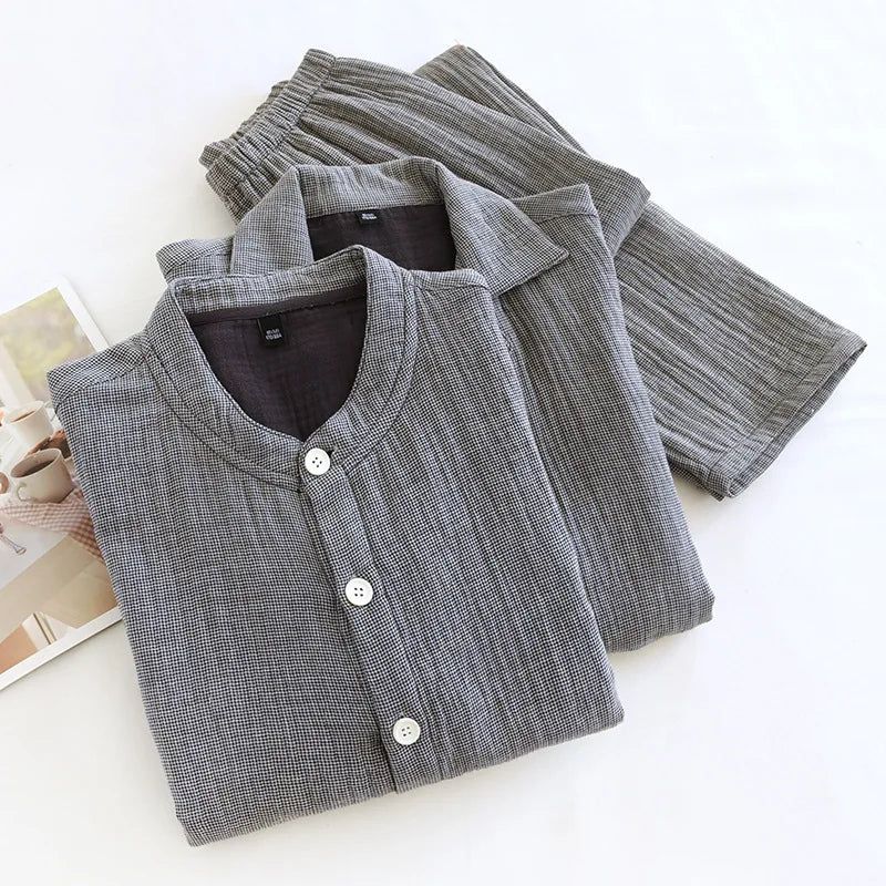 2025 Spring and Autumn New Couple Pajama Set 100% Pure Cotton Crepe Cloth Men's and Women's Stand up Neck Simple Home Clothing