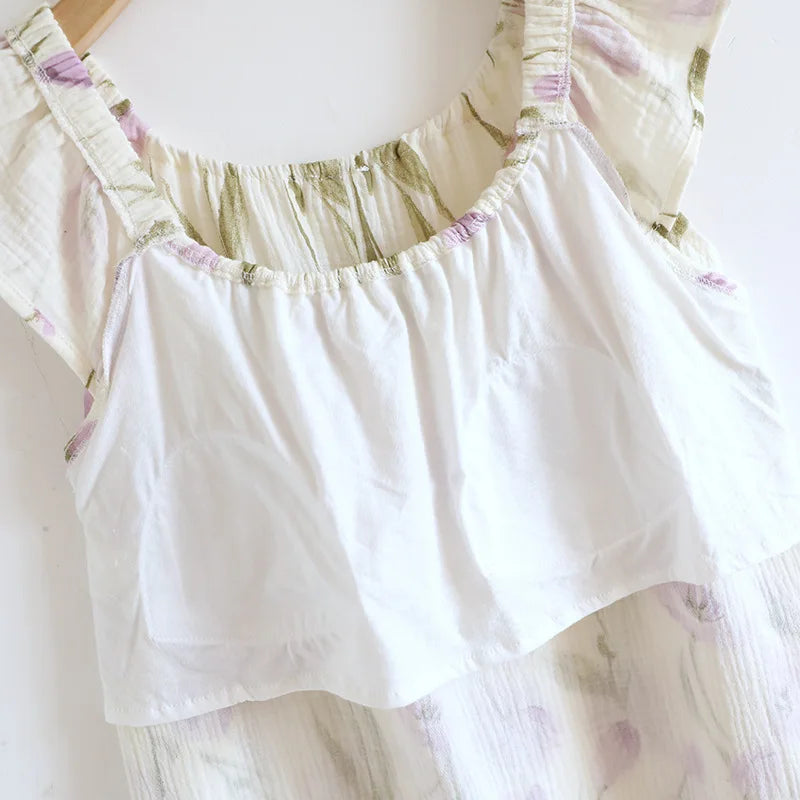 2025 New Summer Women's Sleeping Skirt 100% Cotton Crepe Cloth with Chest Cushion Tank Top Skirt Loose Thin Large Home Clothing
