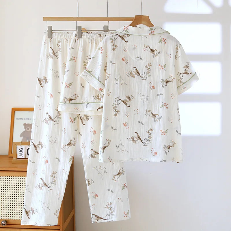 2025 New Spring/Summer Women's Pajama Set 100% Cotton Crepe Cute Thin Short Sleeve+Shorts+Pants Home Clothes 3-Piece Set