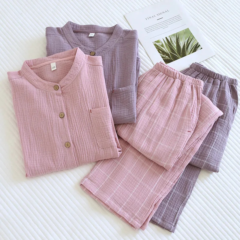 2025 Japanese style new couple sleepwear set 100% cotton crepe fabric long sleeved long pants two-piece home wear pajama