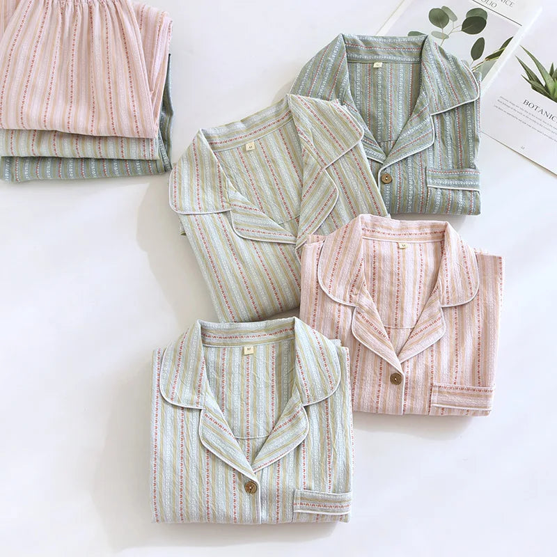2025 New Spring/Summer Couple Set 100% Cotton Striped Long Sleeve Two Piece Set Men's and Women's Cardigan Home Clothes