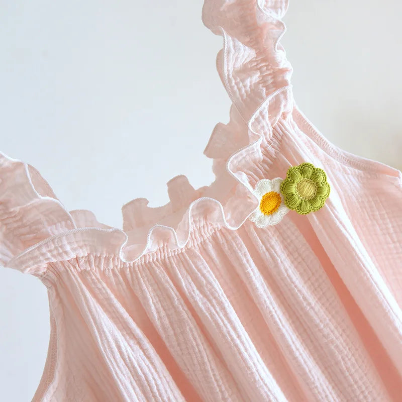 2025 summer new women's suspender nightdress 100% cotton crepe thin style solid color floral vest skirt home skirt sleepwear