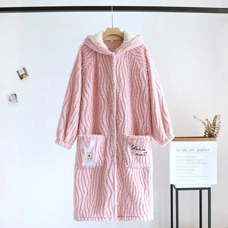 Autumn and Winter New Women's Nightgown Flannel Nightdress Warm Thickened Sweet Cute Large Size Home Clothes Gown Bath Robe