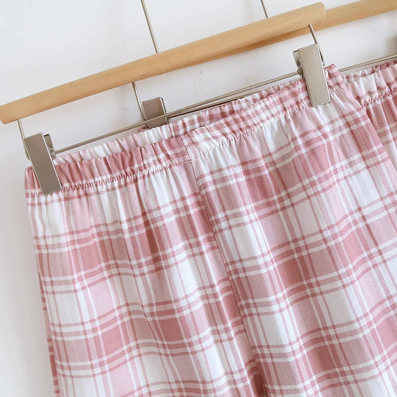 2025 New Summer Women's Pajama Set 100% Cotton Gauze Thin Short Sleeve+Shorts+Pants Simple Checkered Home Furnishing Set
