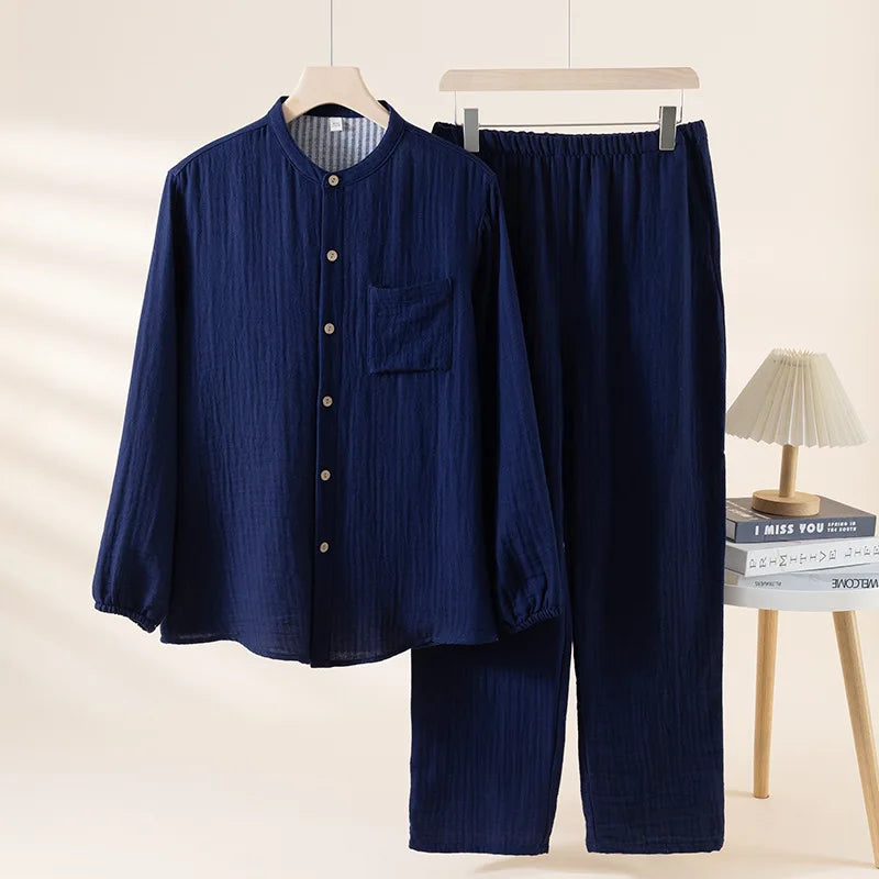 2025 New Spring and Autumn Couple's Pajama Set 100% Cotton Men's and Women's Long Sleeve Long Pants Solid Color Home Clothes