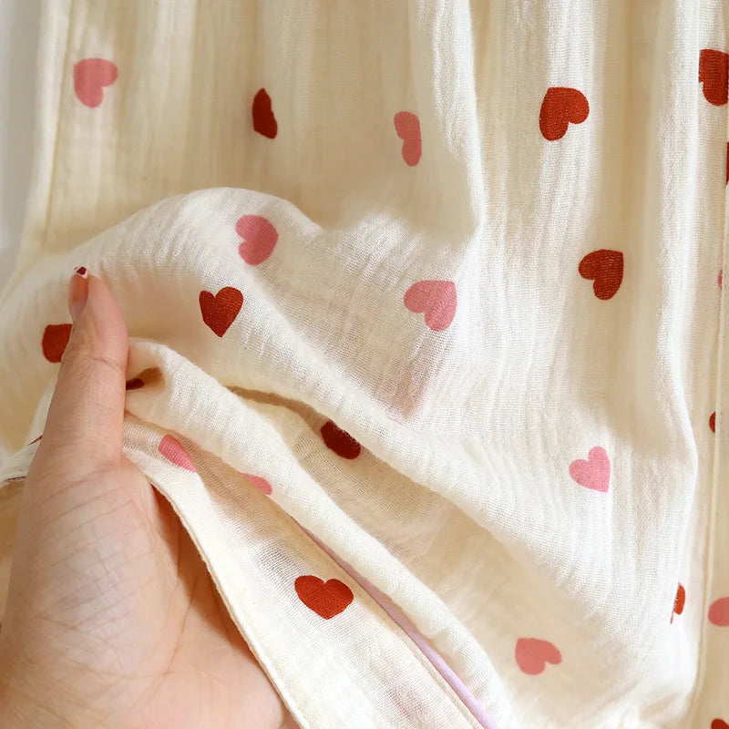 2025 New Summer Pajama Set 100% Cotton Crepe Love Short Sleeves+Shorts+Pants Three Piece Buckle Cute Home Fury Ladies Sleepwear