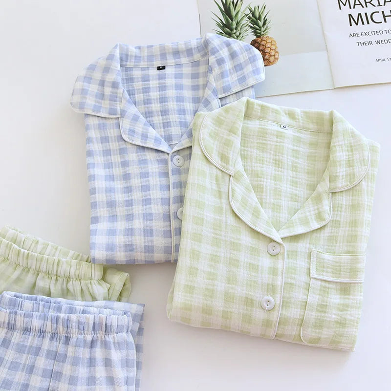 2025 New Spring Couple's Pajama Set 100% Cotton Long Sleeve Long Pants Two Piece Set Checkered Men's and Women's Home Clothes
