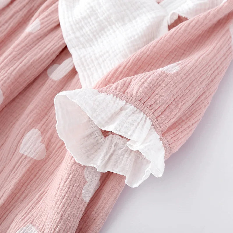 New Summer Long Dress Ladies Short Sleeve Nightdress 100% Cotton Crepe Loose Home Cute Bow Love Dress Home Skirt sleepwear women