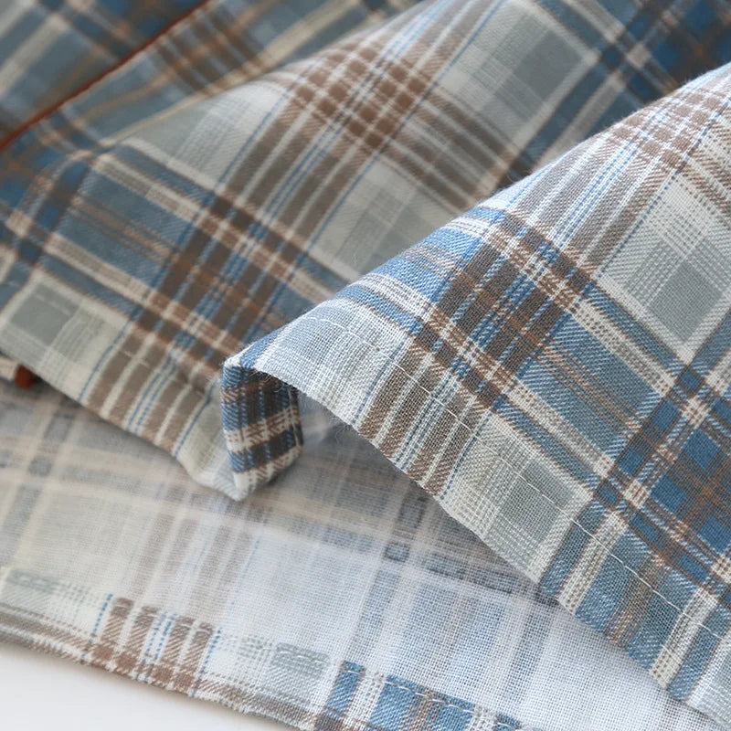 2025 Japanese New Men's Pajama Set Spring/Summer Checkered Simple Long sleeved Two Piece Set 100%Cotton Cardigan Home Furnishing