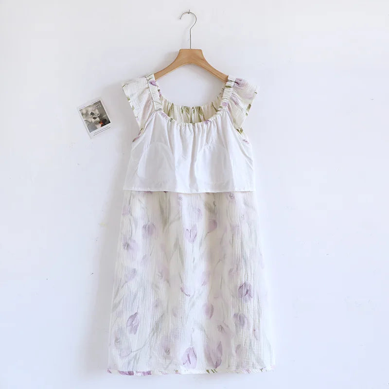 2025 New Summer Women's Sleeping Skirt 100% Cotton Crepe Cloth with Chest Cushion Tank Top Skirt Loose Thin Large Home Clothing