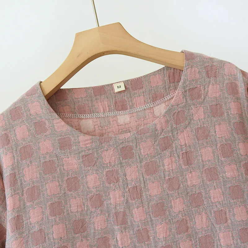 2025 New Summer Short Sleeve Sleeping Skirt 100% Cotton Yarn Weaving Jacquard Loose Pullover Mid length Plaid Skirt Home Dress