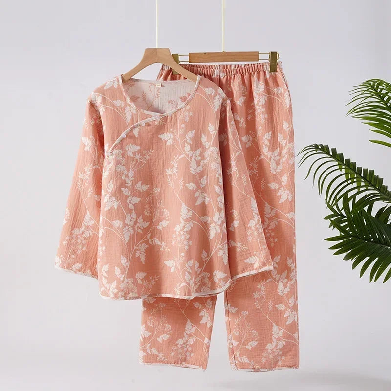 2025 New Spring and Autumn Women's Pajama Set 100% Cotton Gauze Jacquard Long Sleeve Long Pants Loose Home Clothes Two Piece Set