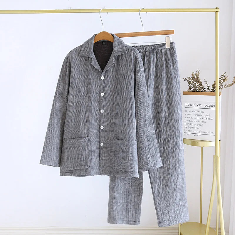 2025 New Couple's Pajama Set 100% Cotton Men's and Women's Collar Long Sleeve Long Pants Solid Color Two Piece Home Set Pijamas