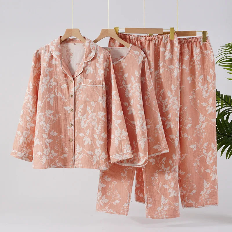 2025 New Spring and Autumn Women's Pajama Set 100% Cotton Gauze Jacquard Long Sleeve Long Pants Loose Home Clothes Two Piece Set