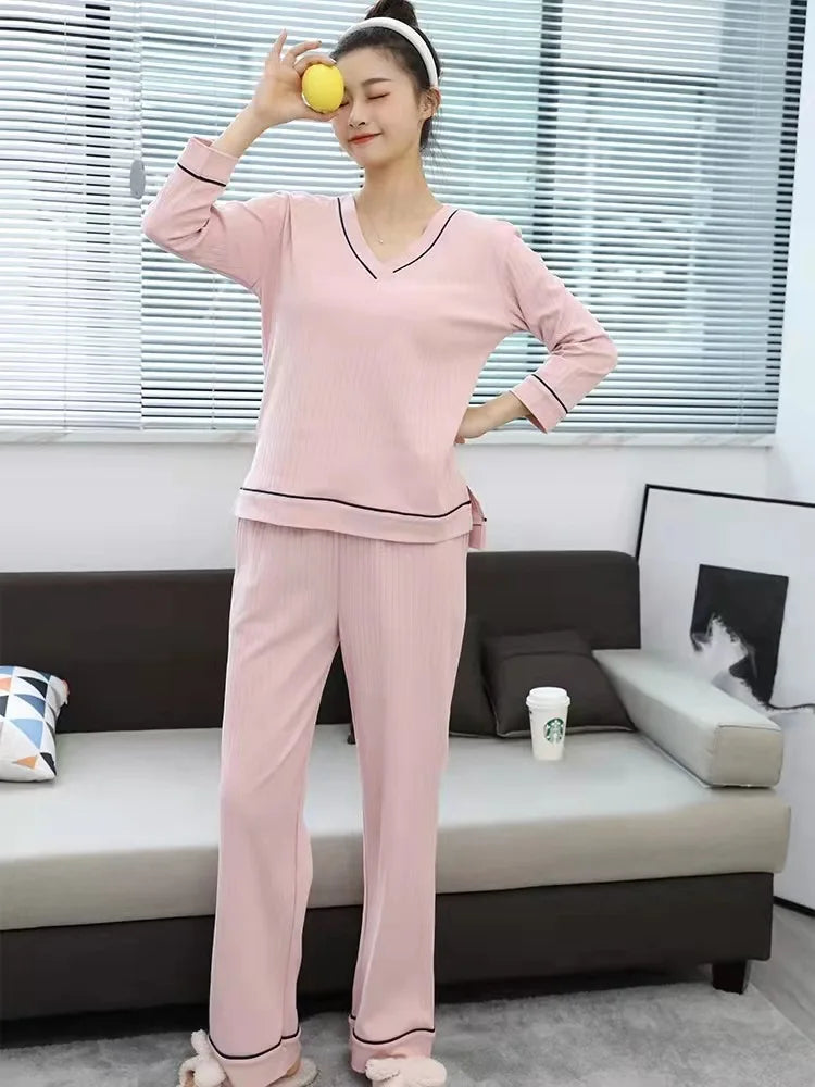 New Spring and Autumn Women's Pajamas Set V-Neck Cotton Thread Knitted Long Sleeve Pants Solid casual two-piece home clothes