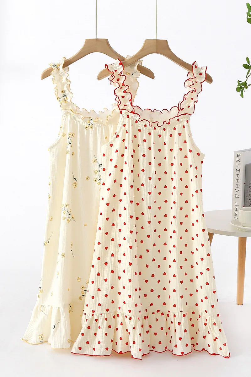 New Summer Ladies Nightdress 100% Cotton Crepe Sling Long Skirt Thin Sleeveless Mid Length Loving Ladies Home Dress plus size