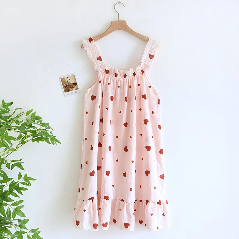 New Summer Ladies Nightdress 100% Cotton Crepe Sling Long Skirt Thin Sleeveless Mid Length Loving Ladies Home Dress plus size