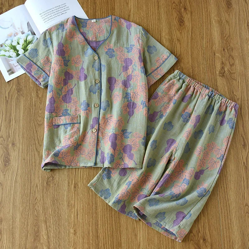 2025 Spring/Summer New Women's Pajama Set 100% Cotton Jacquard Short Sleeves+Capris Two Piece V-Neck Thin Homewear Ladies