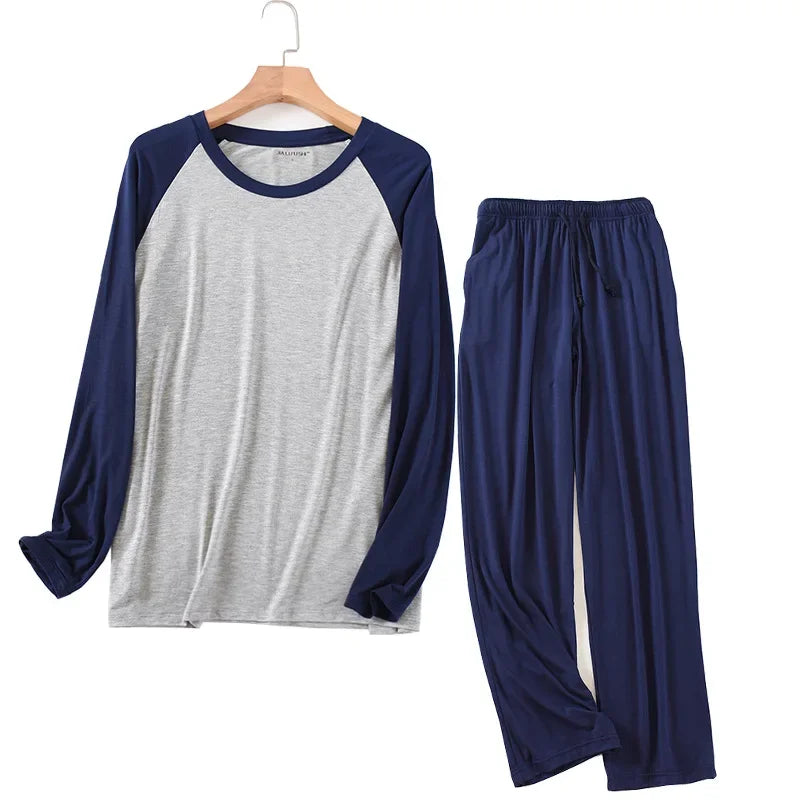 Spring and summer men's modal long-sleeved trousers pajamas set splicing large size sports home service suit spring and autumn